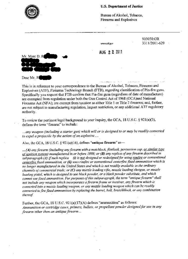 BATFE RESPONSE! pinfire guns ARE NOT subject to 68 GCA or 34 NFA